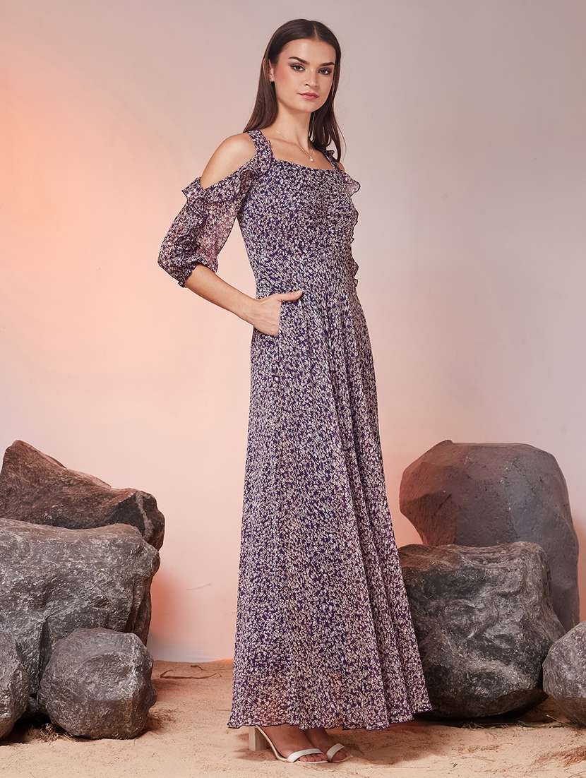 women printed cold shoulder fit and flare dress - 22577249 -  Standard Image - 3