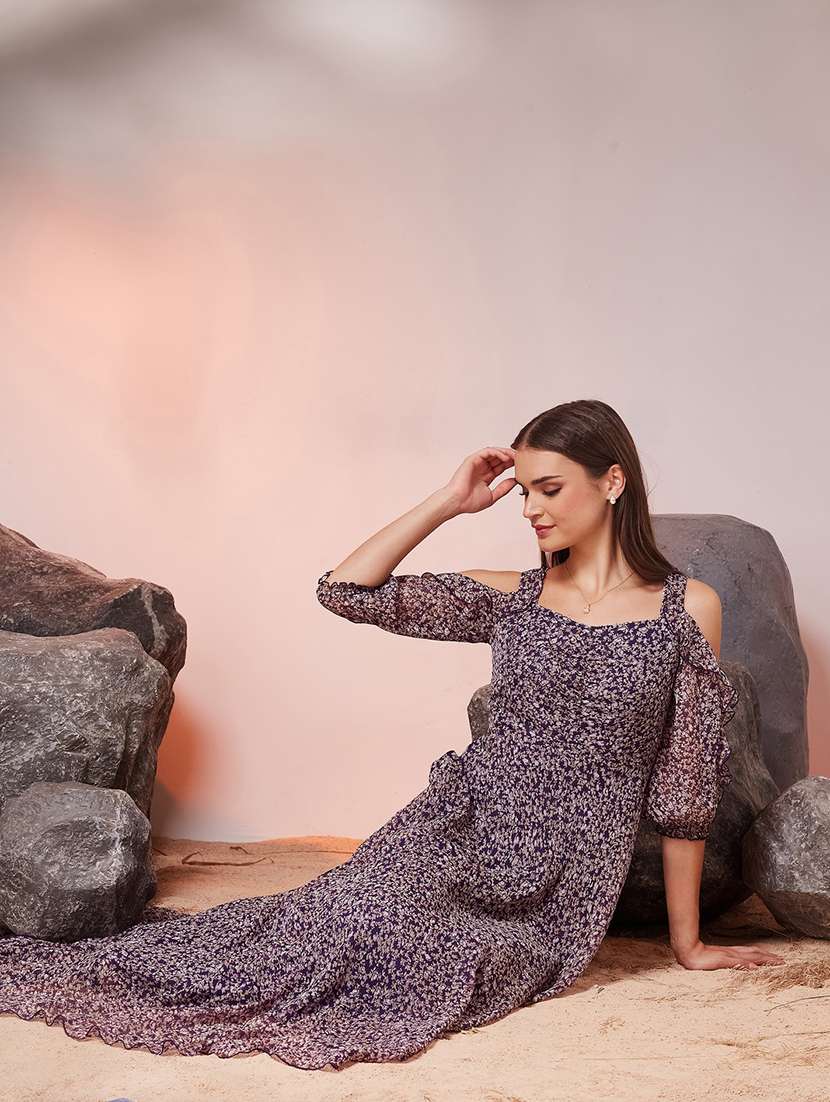 women printed cold shoulder fit and flare dress - 22577249 -  Standard Image - 5