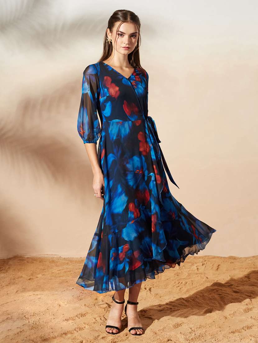 Women Printed Three Quarter Sleeves Wrap Dress - 22577255 -  Standard Image - 3