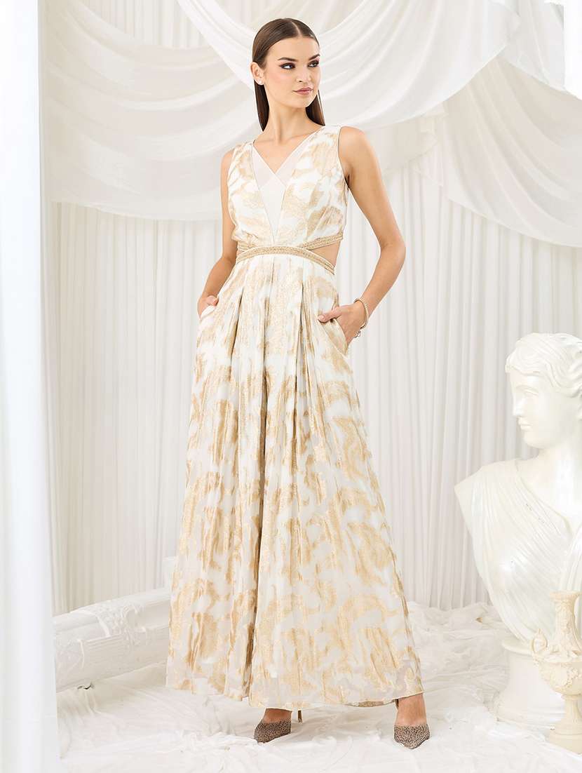 women self design sleeveless full leg jumpsuit