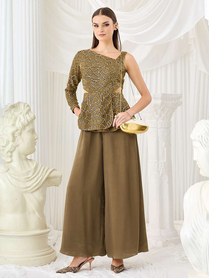 women self design asymmetric neck top and palazzo set
