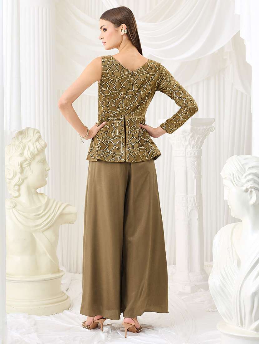 women self design asymmetric neck top and palazzo set - 22577283 -  Standard Image - 3