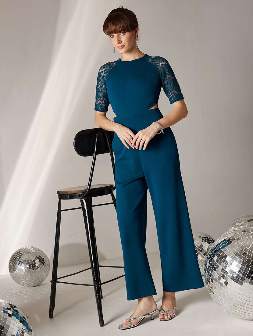 women self design short sleeves full leg jumpuit