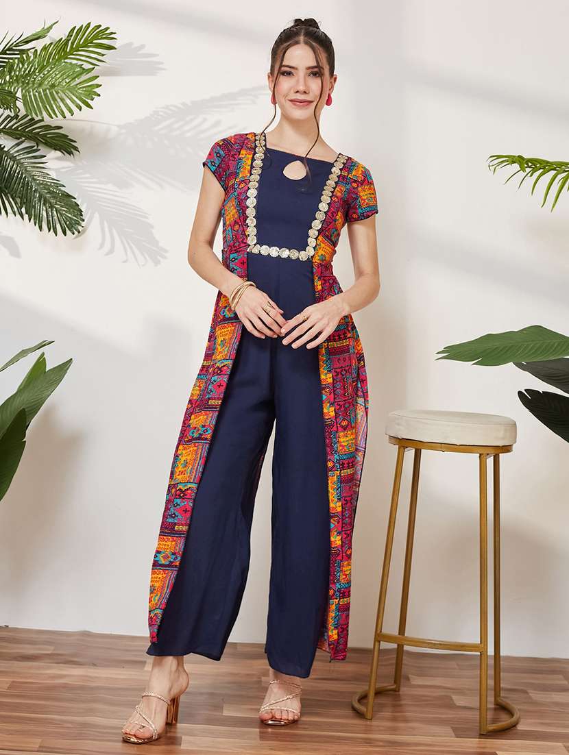 women printed short sleeves full leg jumpsuit