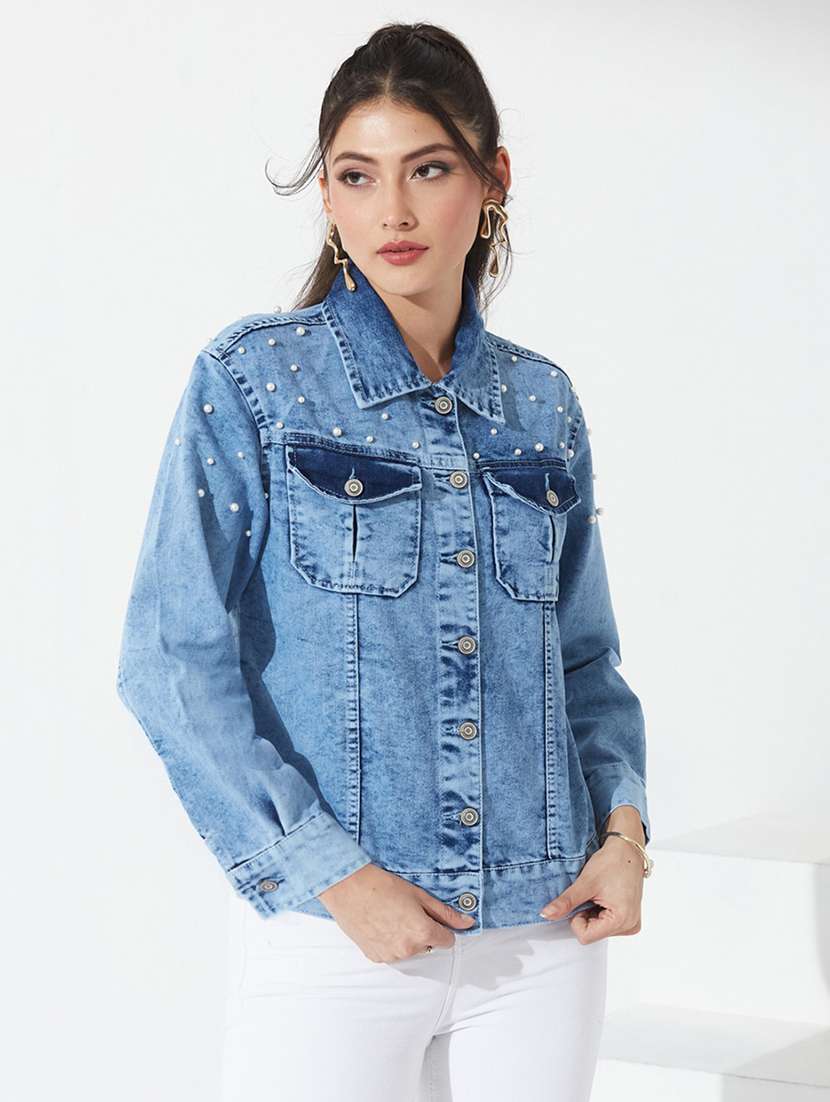 women embellished long sleeves denim jacket