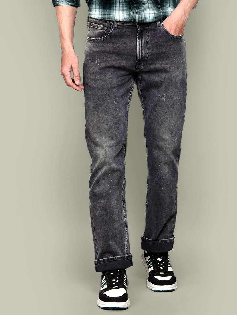 men distressed mid rise straight jeans