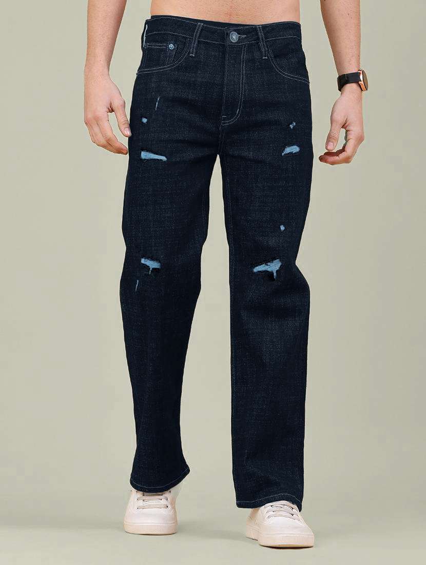 men distressed mid rise straight jeans