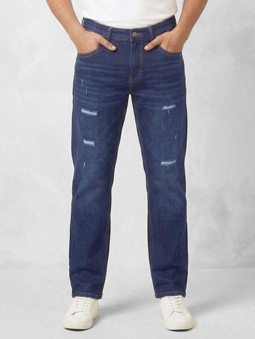 men distressed mid rise straight jeans