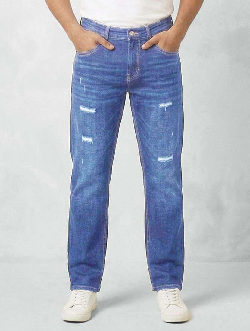 men distressed mid rise straight jeans