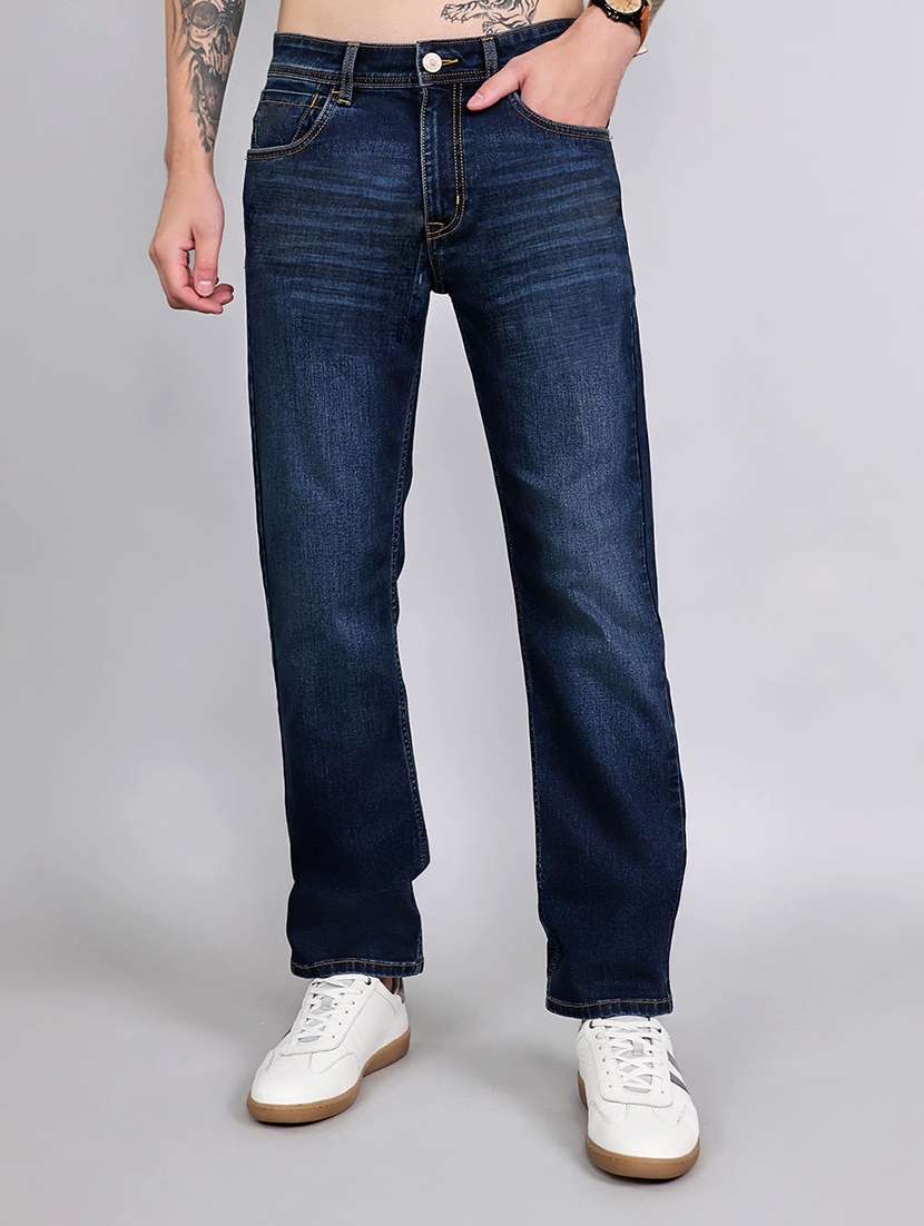 men washed mid rise straight jeans