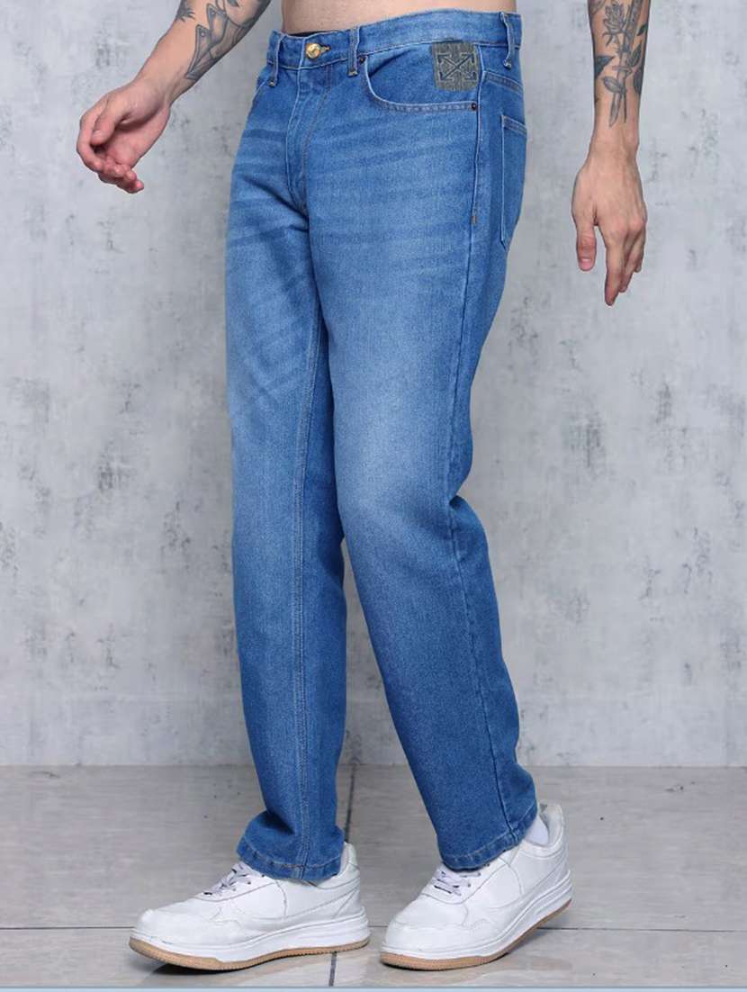 men washed mid rise straight jeans
