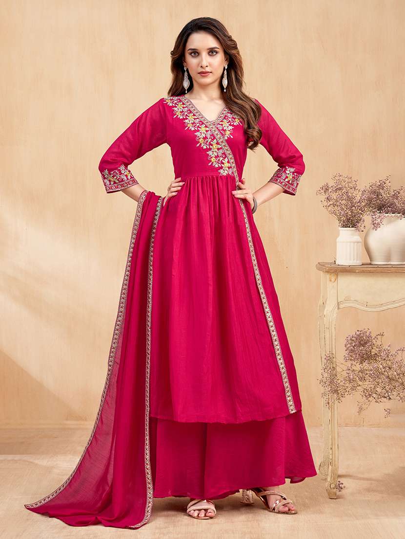 women embroidered three quarter sleeves kurta palazzo set with dupatta