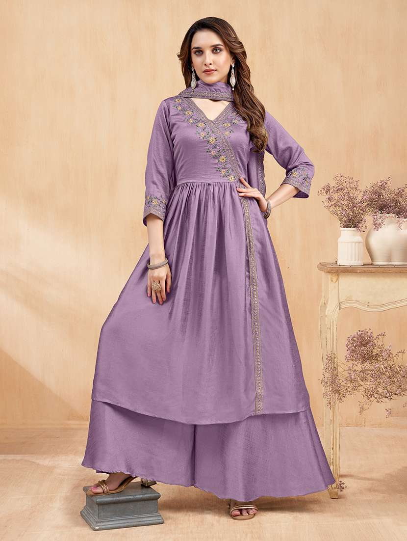 women embroidered three quarter sleeves kurta palazzo set with dupatta
