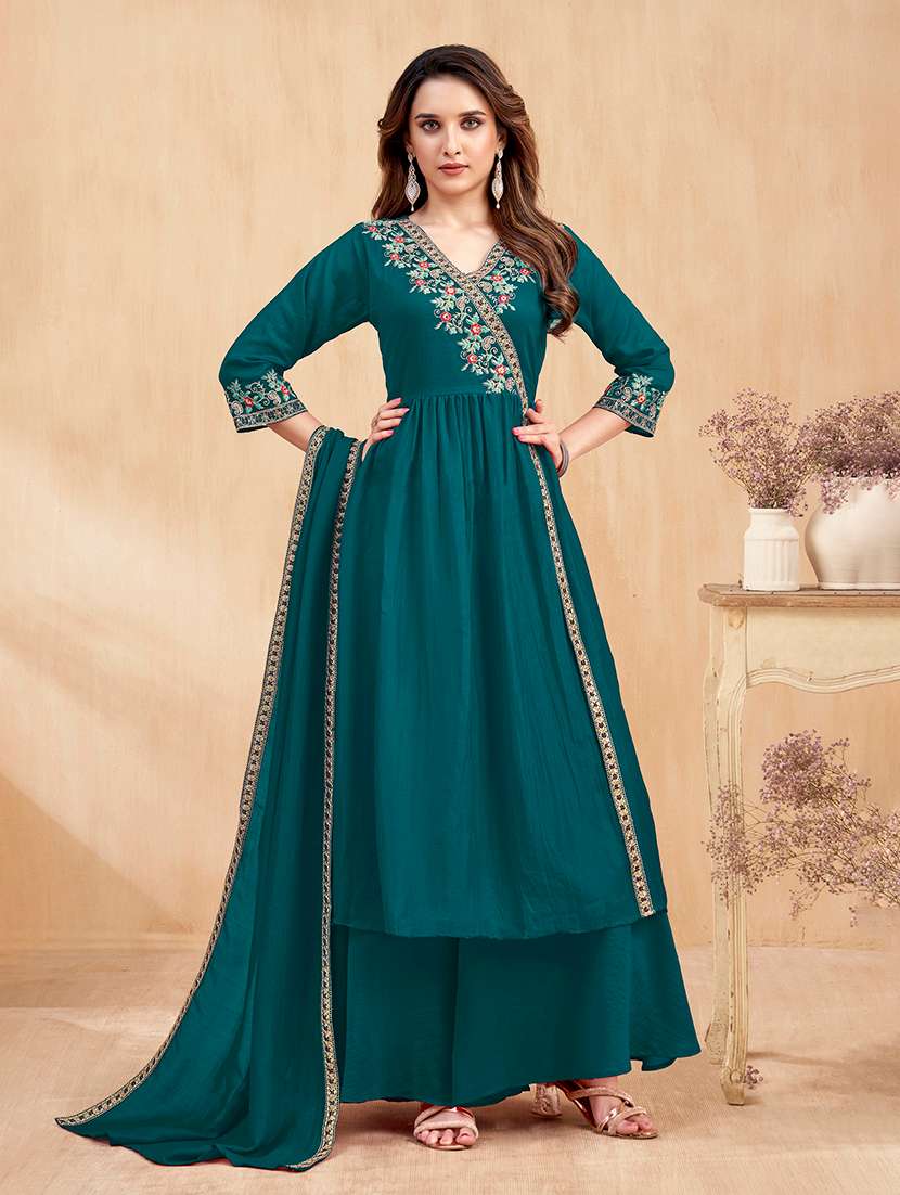 women embroidered three quarter sleeves kurta palazzo set with dupatta