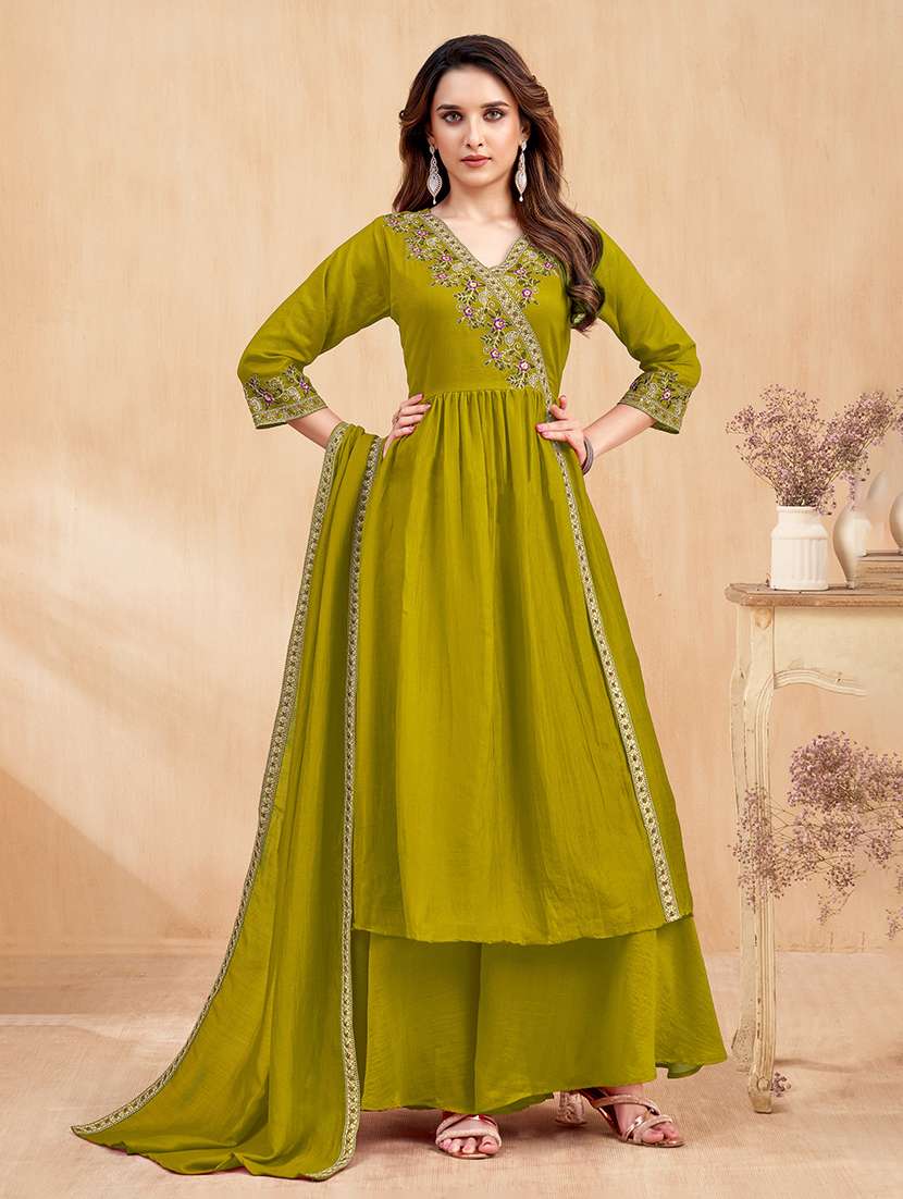 women embroidered three quarter sleeves kurta palazzo set with dupatta