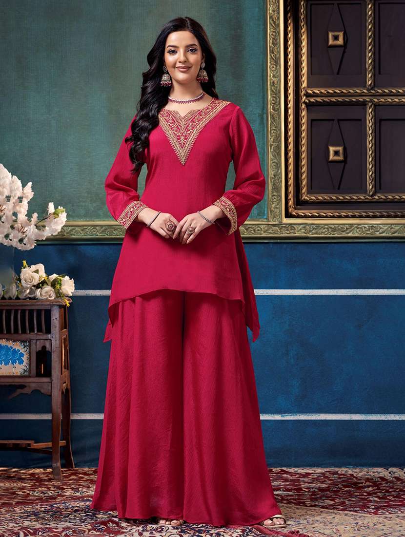 women embroidered long sleeves kurta palazzo set 