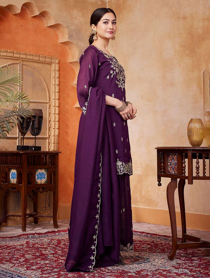 Women Embroidered Three Quarter Sleeves Kurta Palazzo Set With Dupatta - 22577450 -  Standard Image - 3