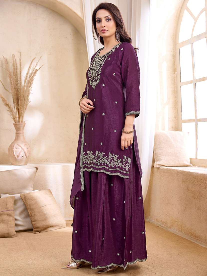 women embroidered three quarter sleeves kurta palazzo set with dupatta - 22577456 -  Standard Image - 3
