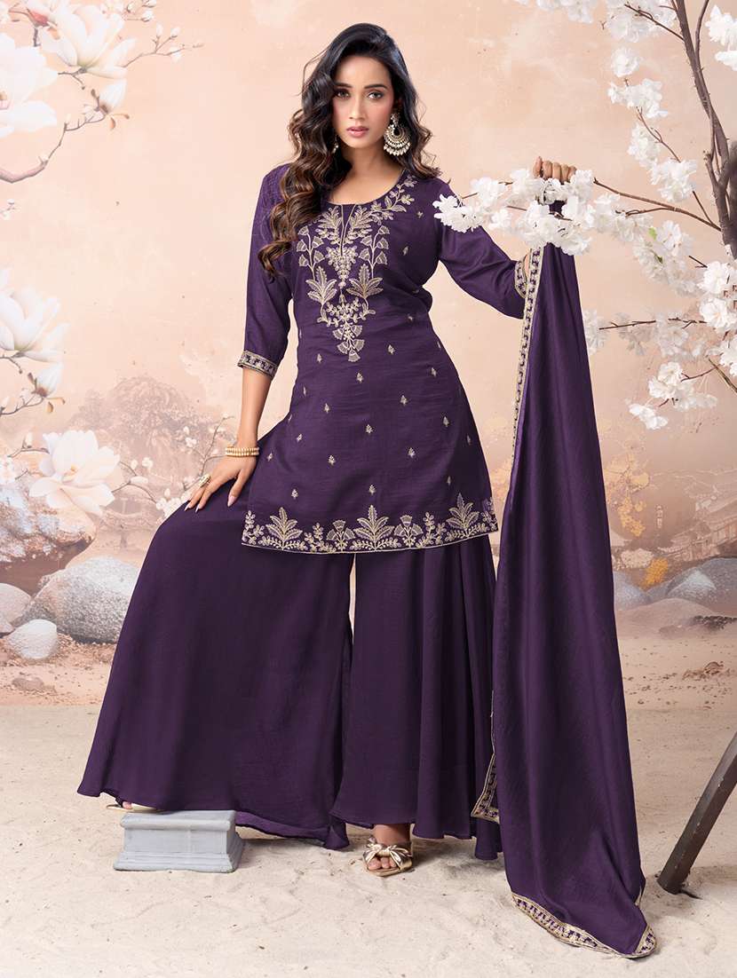 women embroidered three quarter sleeves kurta palazzo set with dupatta