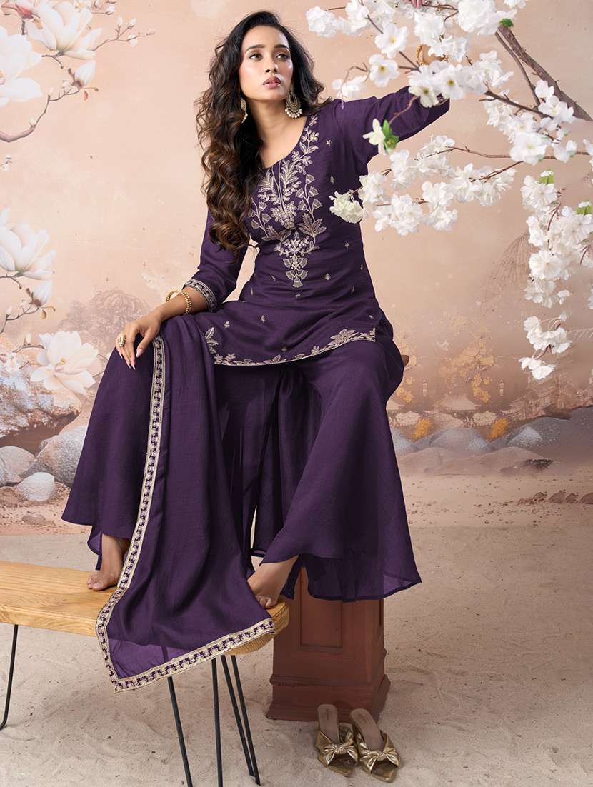 women embroidered three quarter sleeves kurta palazzo set with dupatta - 22577470 -  Standard Image - 5