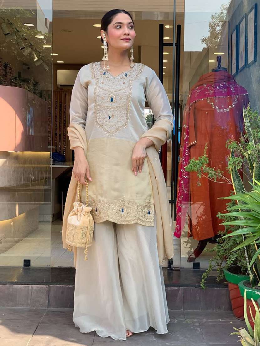 women embroidered three quarter sleeves kurta palazzo set with dupatta