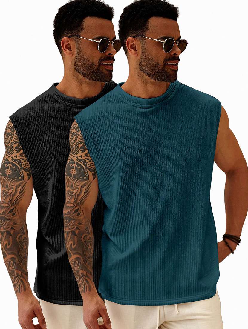 men pack of 2 textured sleeveless oversized t-shirt