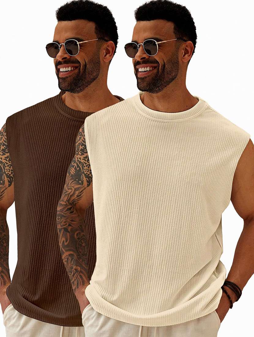 men pack of 2 textured sleeveless oversized t-shirt
