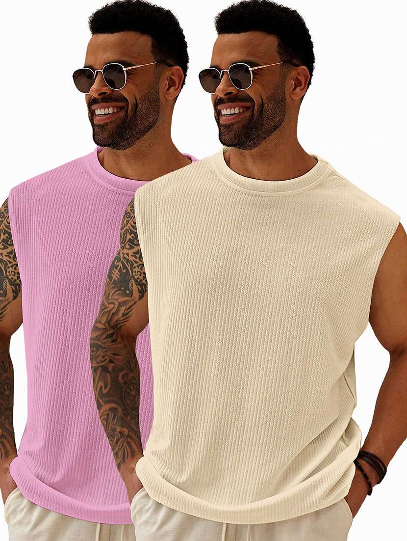 men pack of 2 textured sleeveless oversized t-shirt