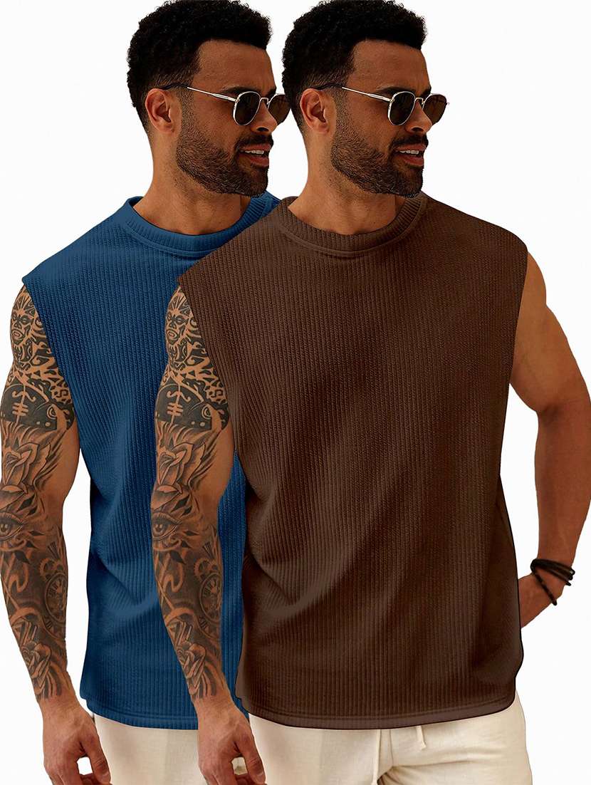 men pack of 2 textured sleeveless oversized t-shirt