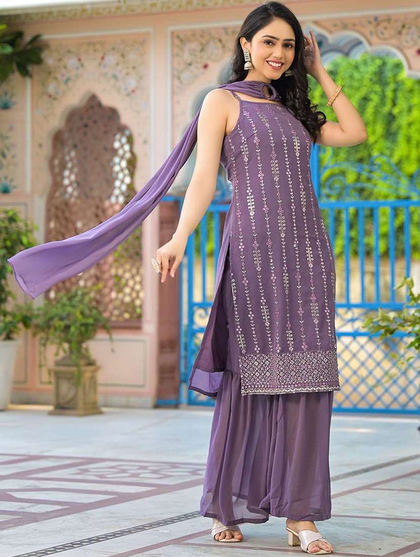 women embroidered shoulder strap kurta sharara set - 22578390 -  Standard Image - 3