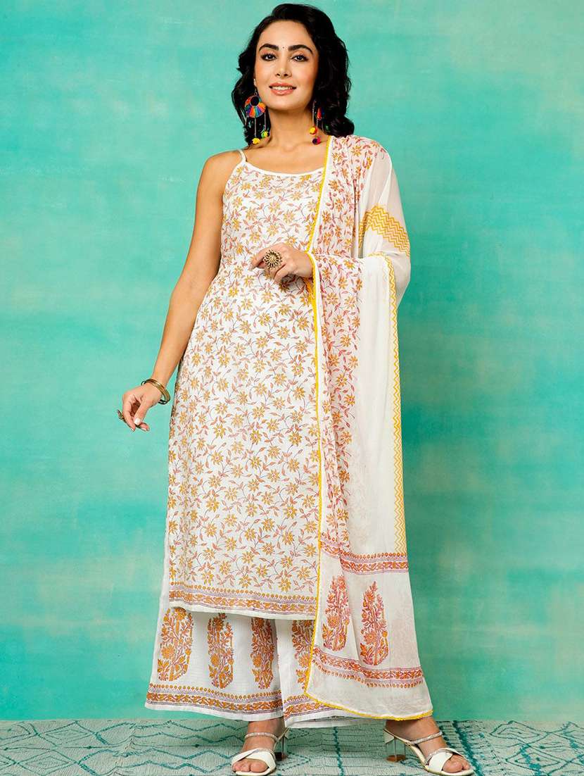 women printed shoulder strap kurta palazzo set with dupatta