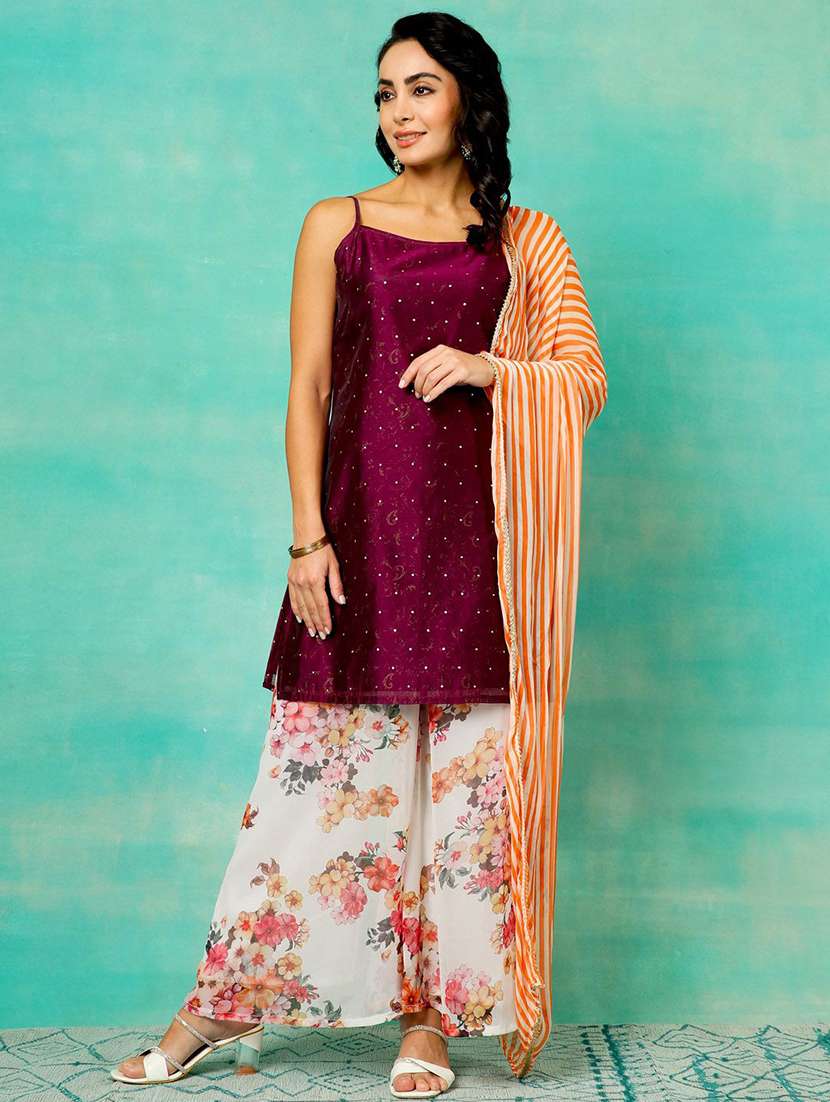 women printed shoulder strap kurta palazzo set with dupatta