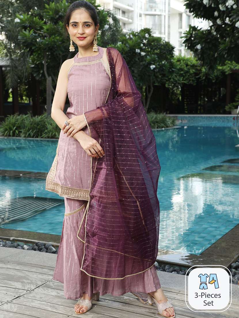 women self design sleeveless kurta sharara set with dupatta