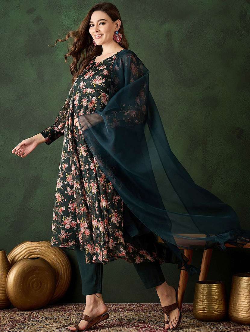 women printed long sleeves kurta pant set with dupatta