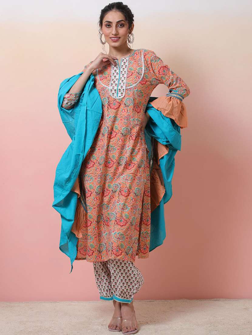 women printed three quarter sleeves kurta salwar set with dupatta