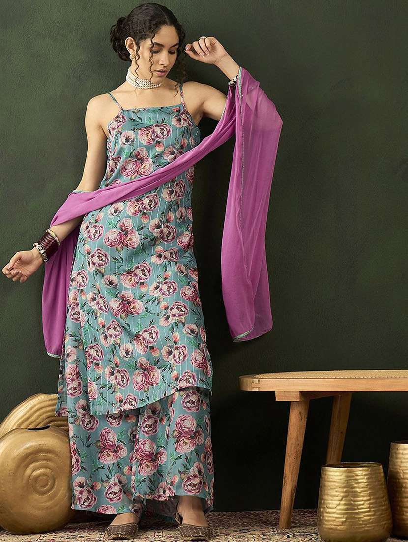 women printed shoulder strap kurta palazzo set with dupatta