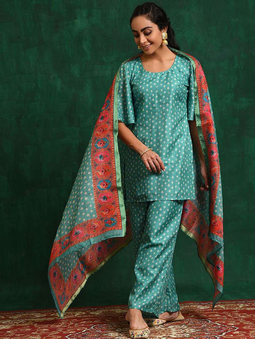 women printed short sleeves kurta palazzo set with dupatta