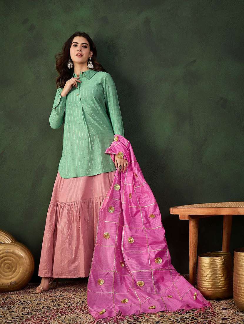 women self design long sleeves kurta skirt set with dupatta