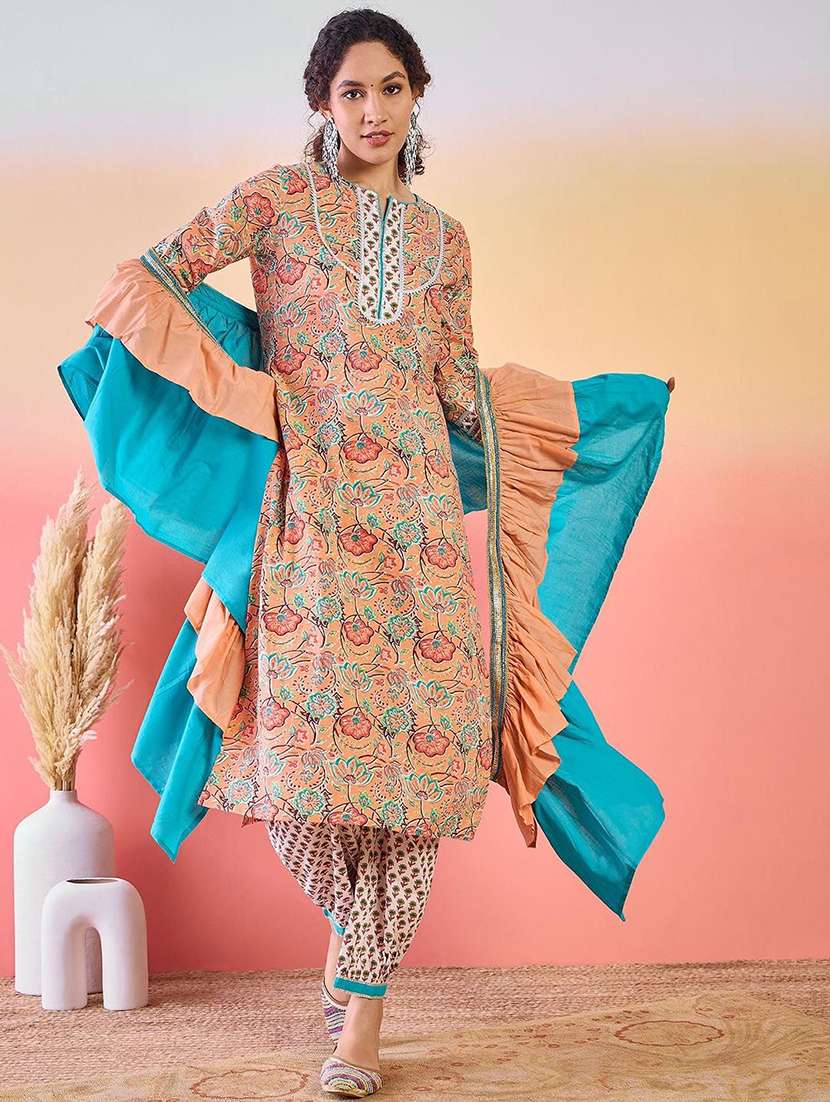 women printed three quarter sleeves kurta salwar set with dupatta