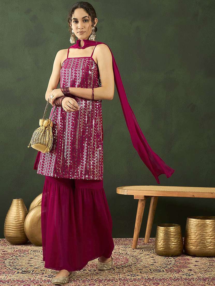women embroidered shoulder strap kurta sharara set with dupatta