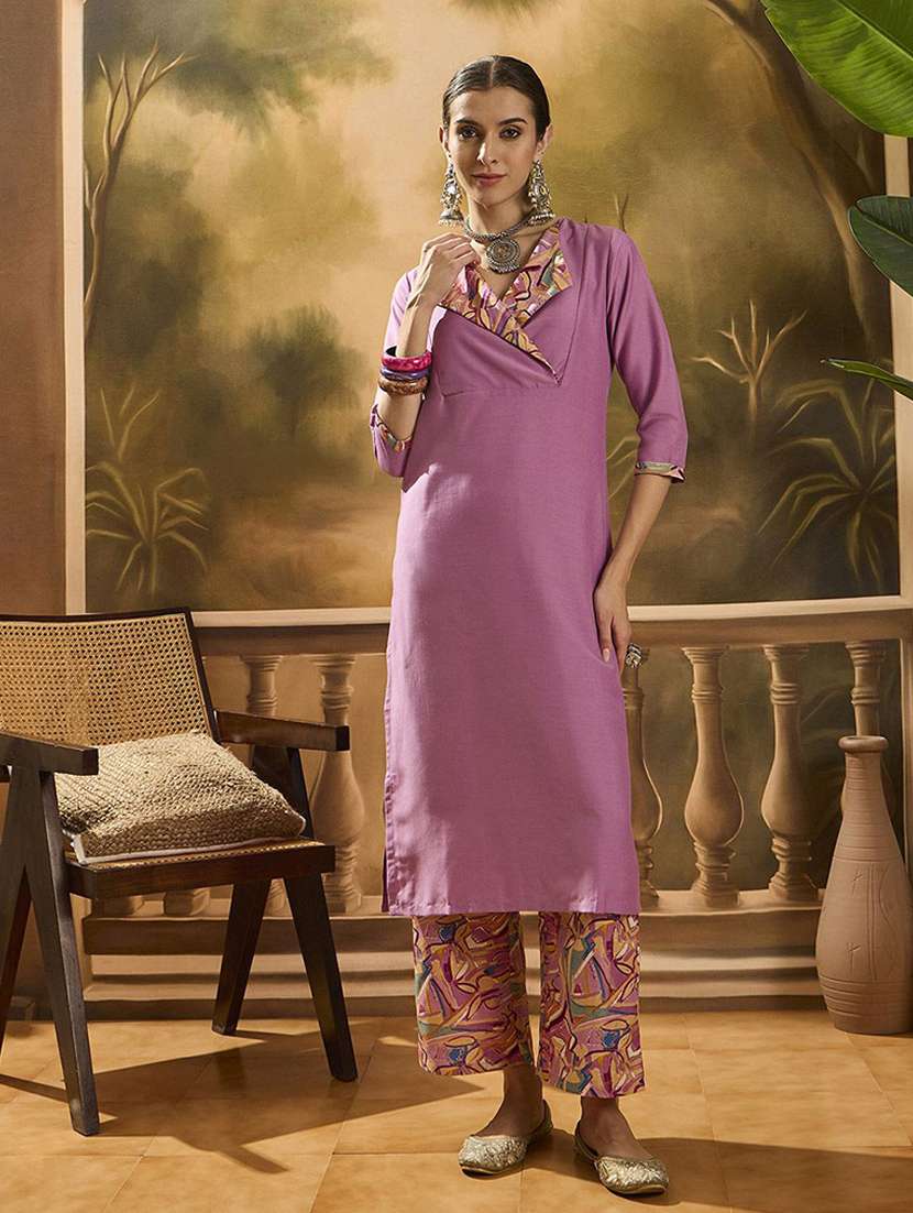 women solid three quarter sleeves kurta pant set