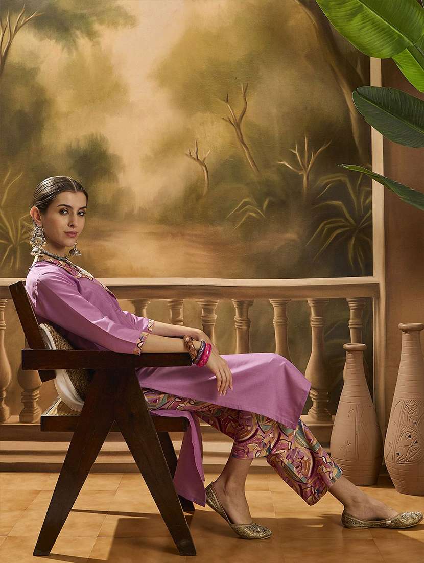 women solid three quarter sleeves kurta pant set - 22578440 -  Standard Image - 5