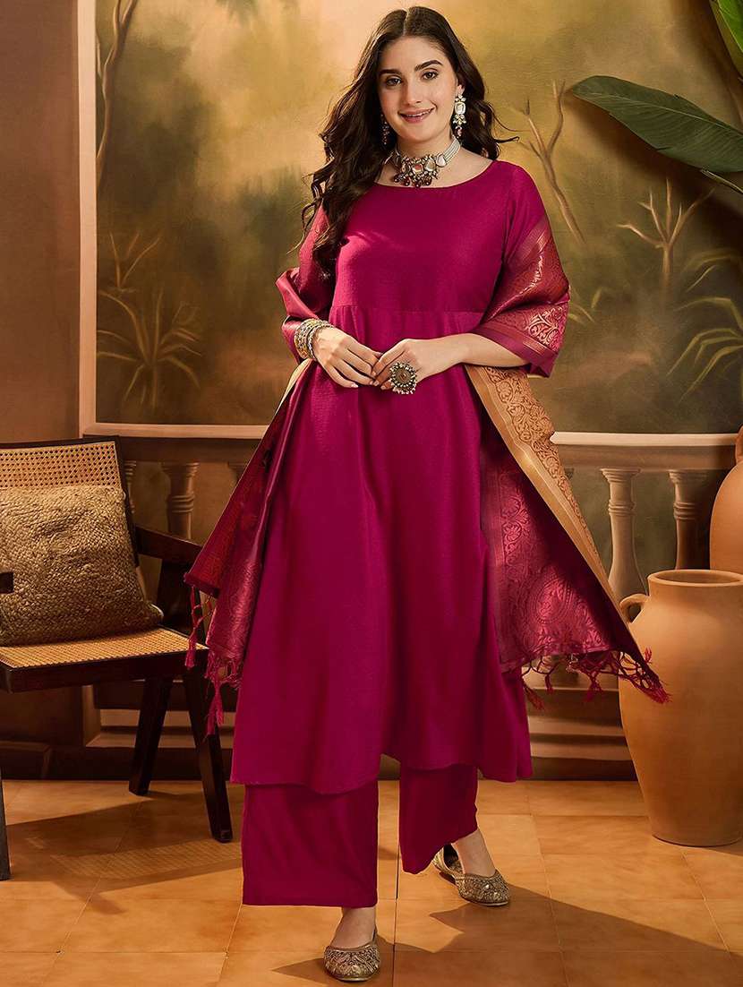 women solid three quarter sleeves kurta pant set with dupatta - 22578460 -  Standard Image - 3