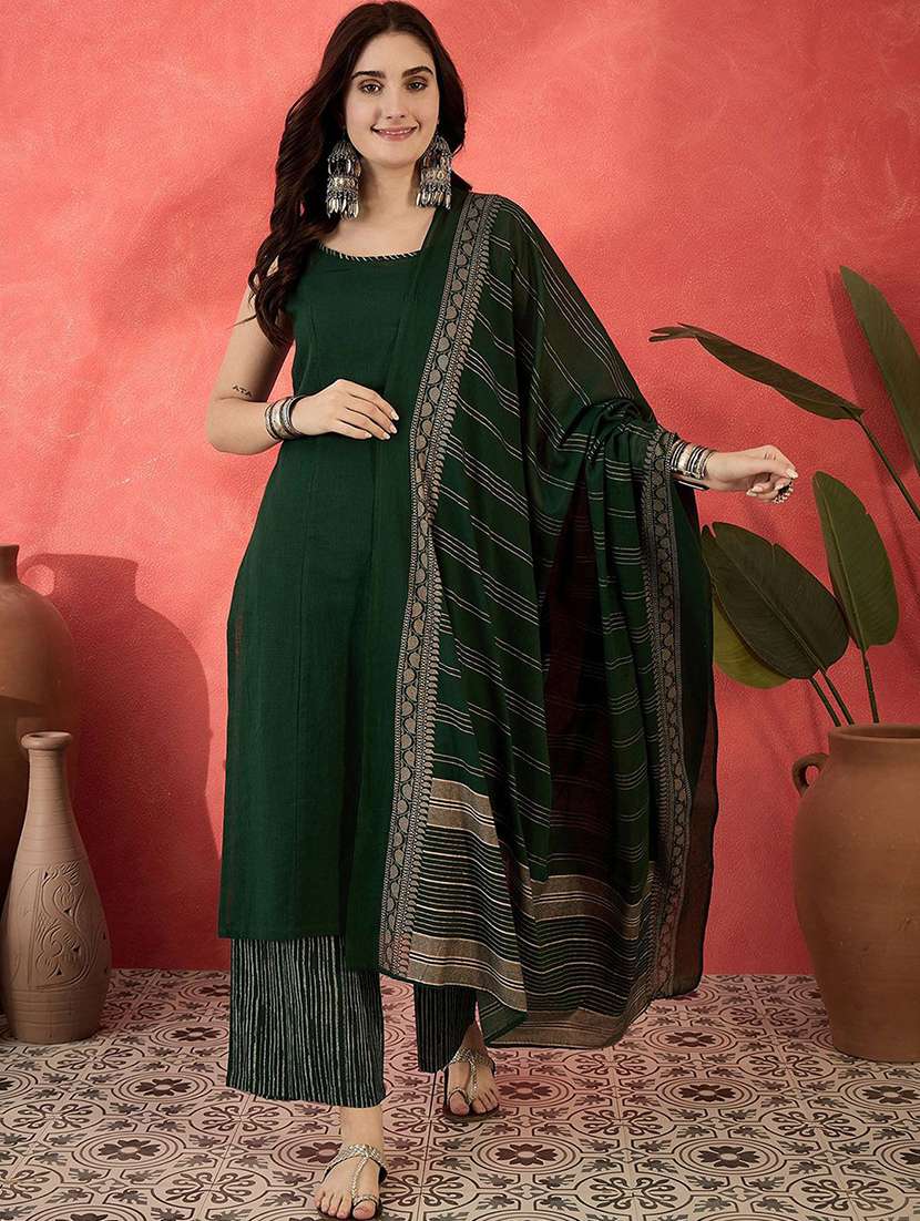 women solid sleeveless kurta pant set with dupatta