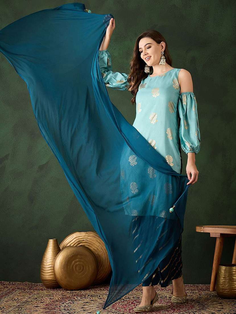 women printed cold shoulder kurta pant set with dupatta