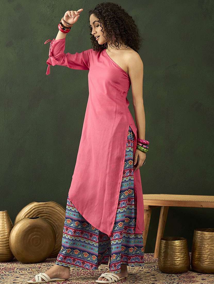 women solid one shoulder kurta palazzo fusion set - 22578480 -  Standard Image - 3