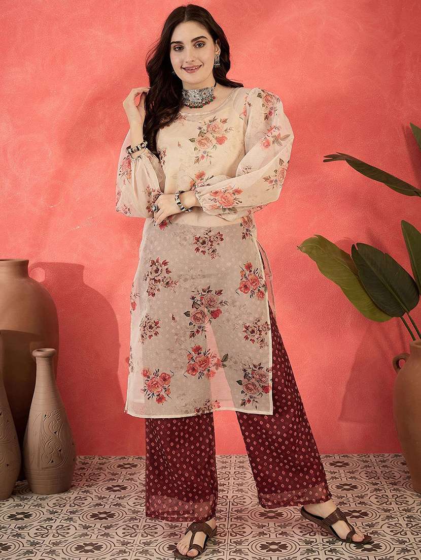 women printed puff sleeves kurta pant set