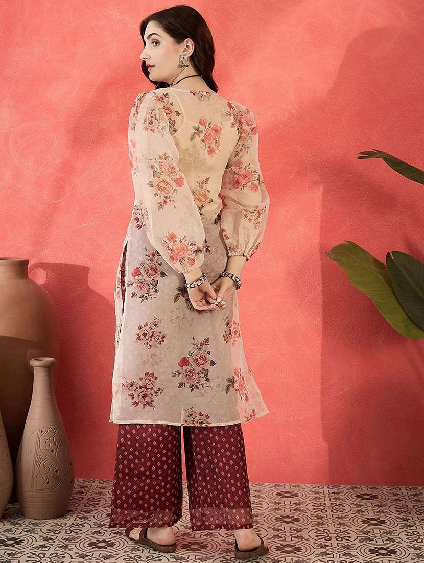 Women Printed Puff Sleeves Kurta Pant Set - 22578488 -  Standard Image - 3
