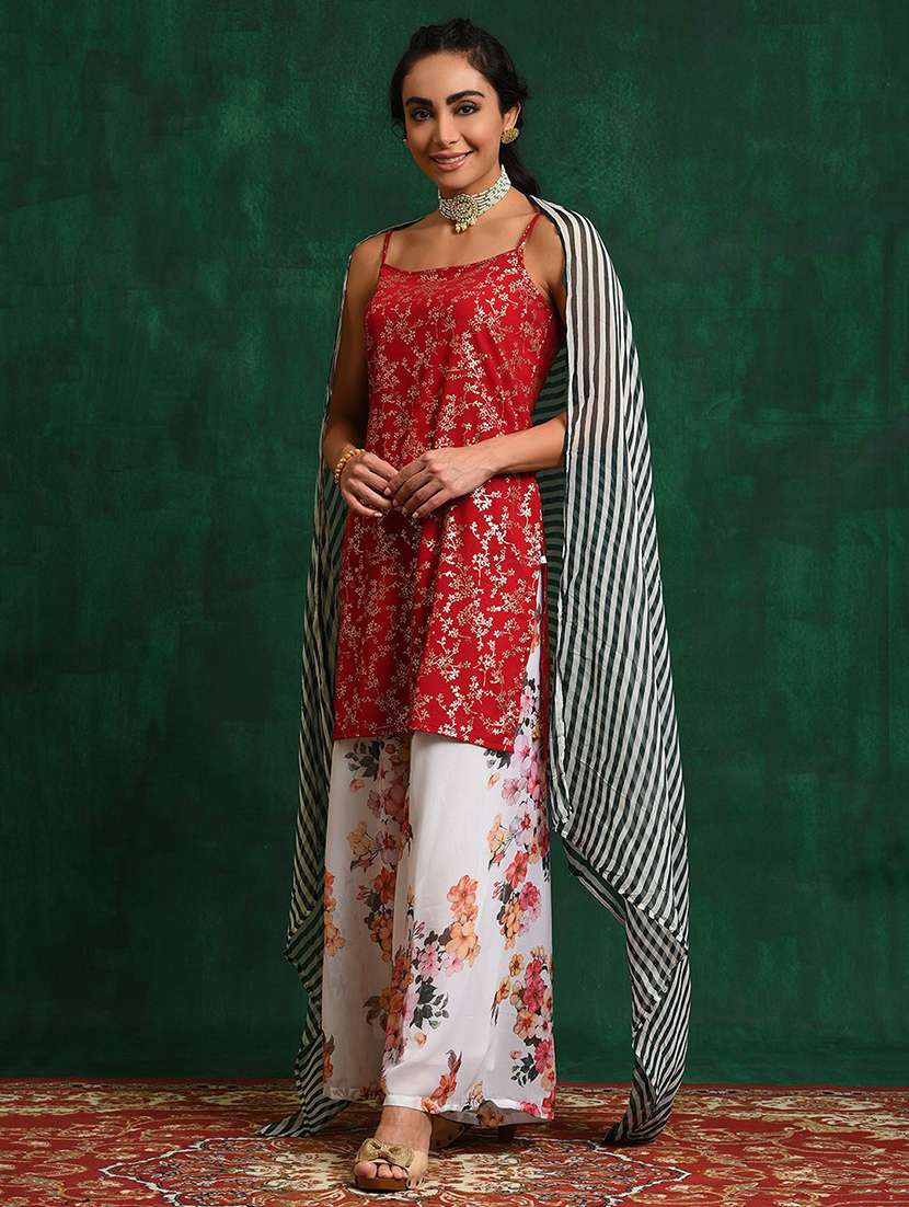 women printed shoulder strap kurta and palazzo set with dupatta