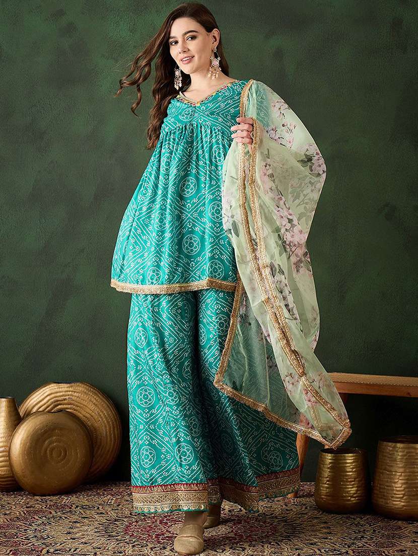 women printed short sleeves kurta palazzo set with dupatta
